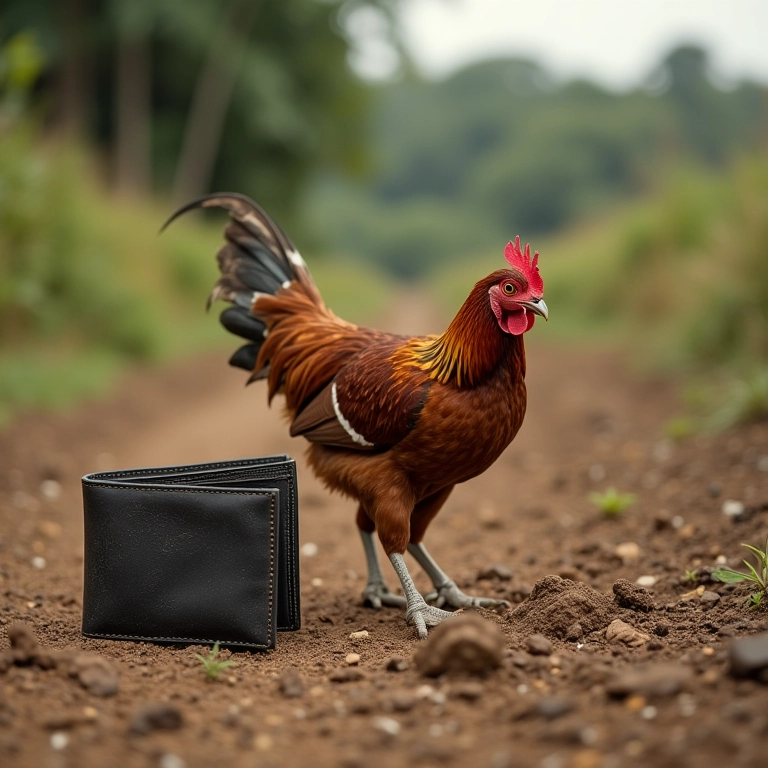 Carteira vazia ao lado de galinha morta, representando dificuldades financeiras em sonhos.