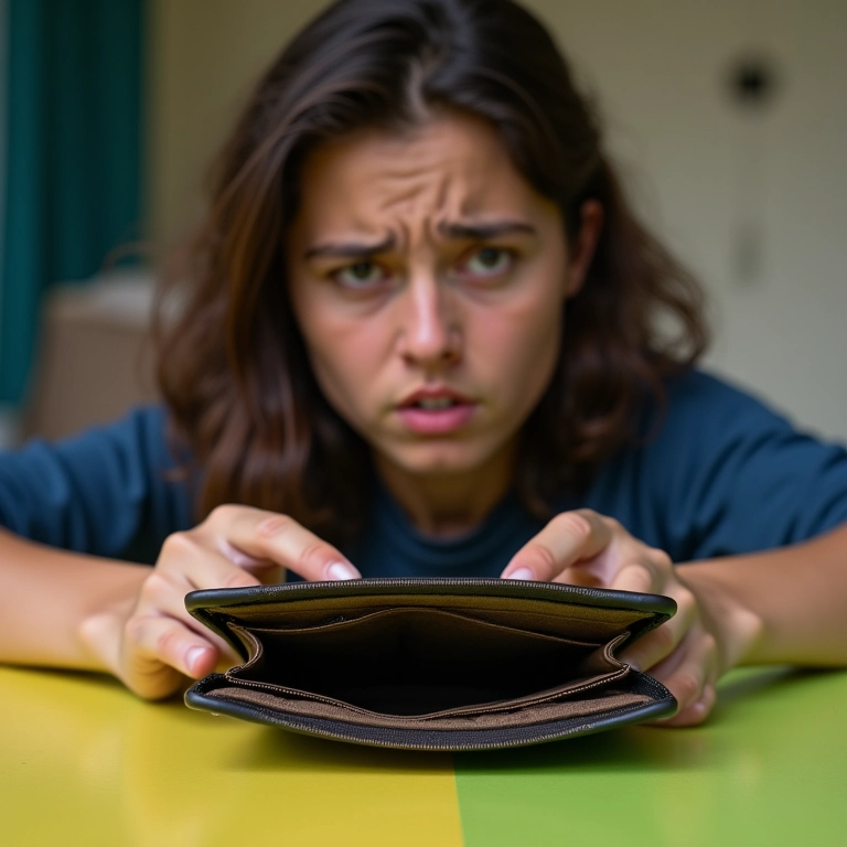 Carteira vazia virada do avesso, simbolizando a perda de dinheiro e preocupação.