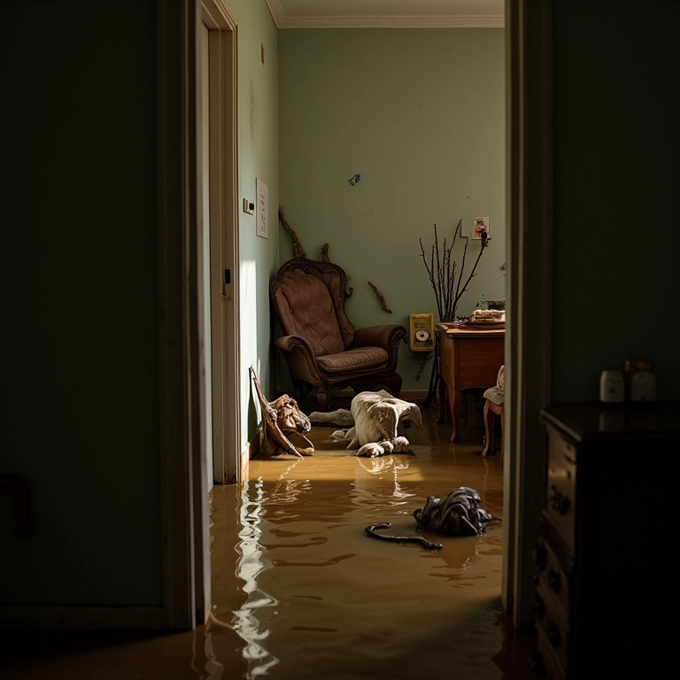 Casa brasileira alagada com água suja, móveis revirados e detritos.