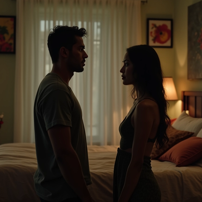 Casal brigado, de costas um para o outro no quarto.