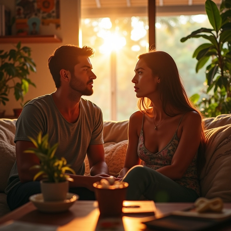 Casal discutindo em sala decorada em estilo brasileiro.