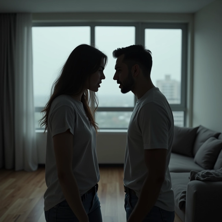 Casal discutindo intensamente em apartamento moderno com design minimalista.