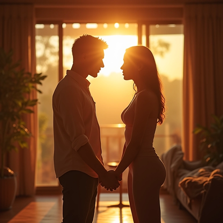 Casal se reencontrando em sala iluminada, representando reconexão espiritual.