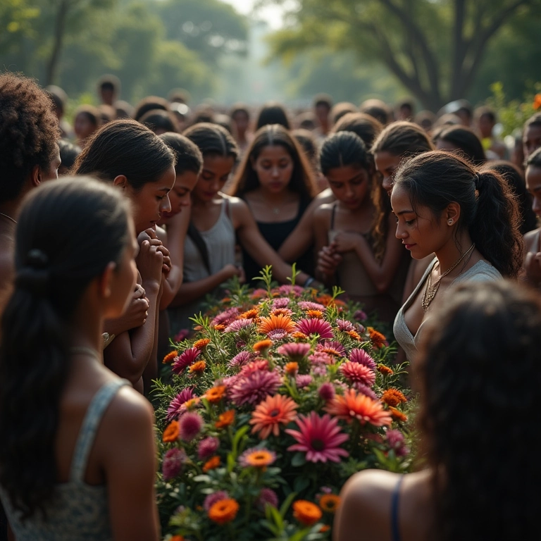 Cemitério brasileiro com pessoas em luto por um desconhecido.