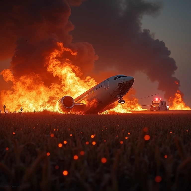 Cena de acidente aéreo com destroços e explosão.