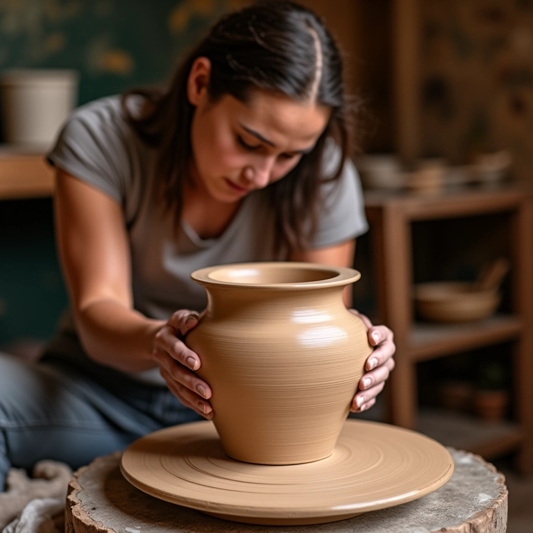 Ceramista moldando vaso no torno, em ateliê colorido.