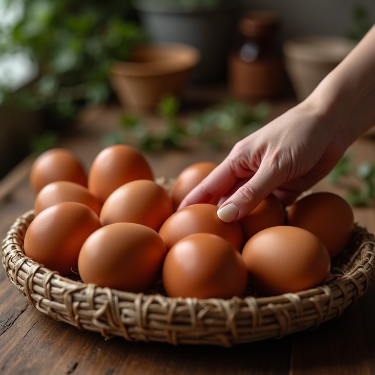 Cesta de ovos de galinha frescos em mesa de cozinha rústica.