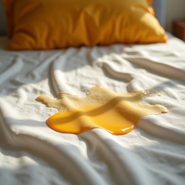 Close-up da cama molhada de urina, representando o sonho com a cama molhada de xixi.