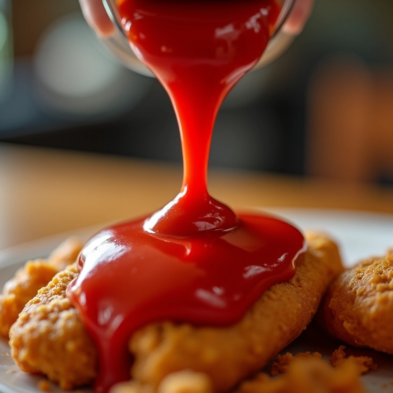 Close-up de ketchup vermelho vivo sendo espremido em uma coxinha, representando sonho com ketchup vermelho.