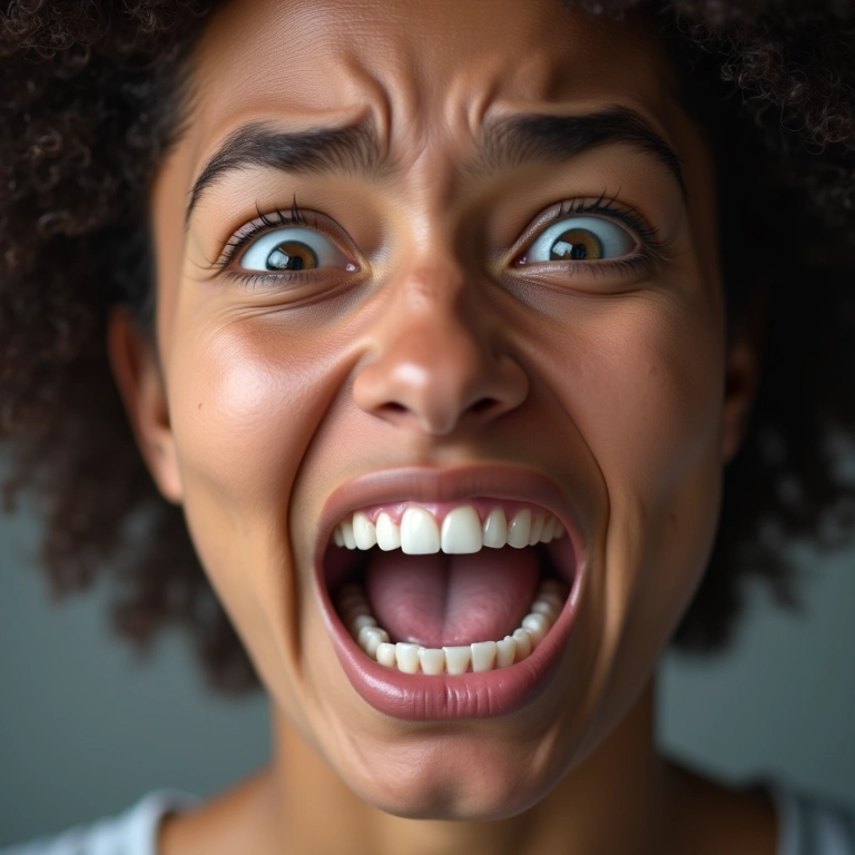 Close-up de rosto preocupado com dentes quebrando, simbolizando ansiedade e problemas dentários.
