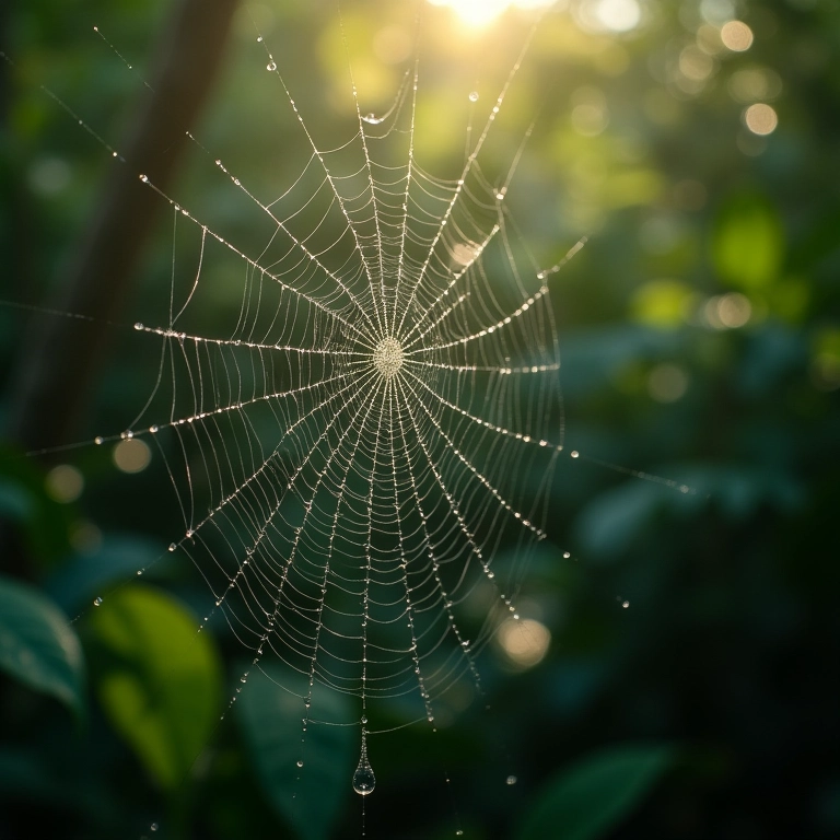 Close-up de teia de aranha com orvalho, simbolizando destino e mistério.