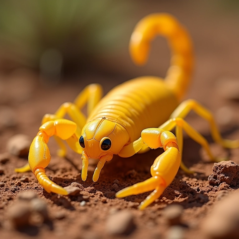 Close-up de um escorpião amarelo em ambiente árido do sertão brasileiro.