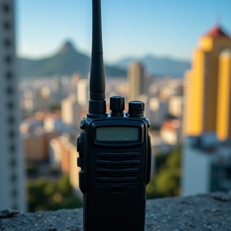 Close-up de walkie-talkie embaçado com ruído estático, fundo de paisagem urbana brasileira.