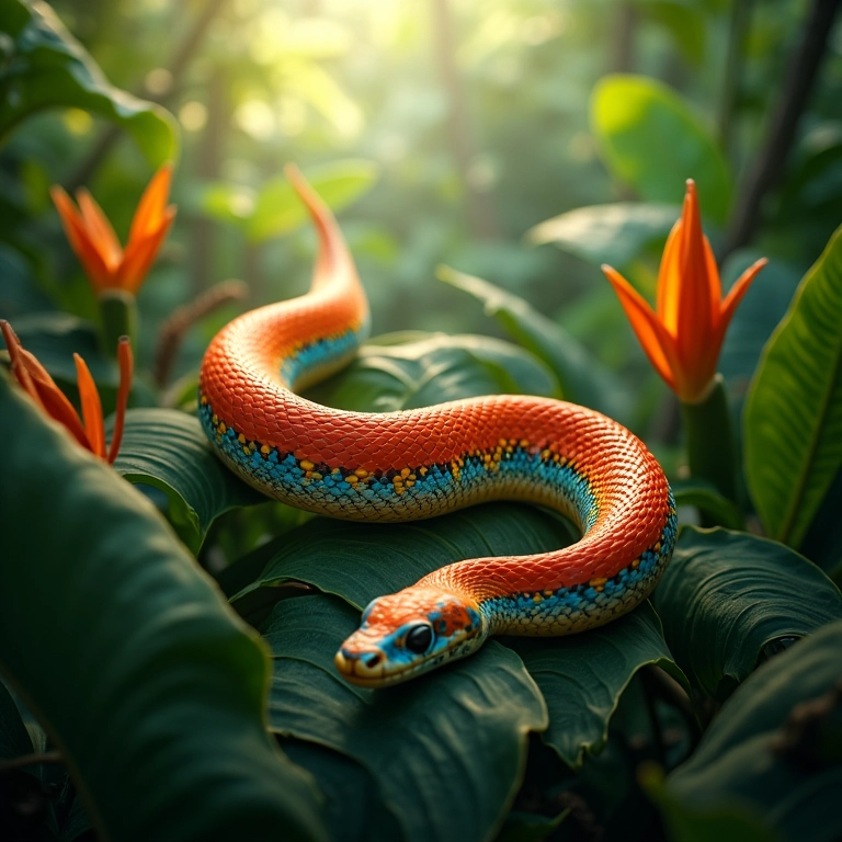 Cobra colorida vibrante deslizando na natureza exuberante.
