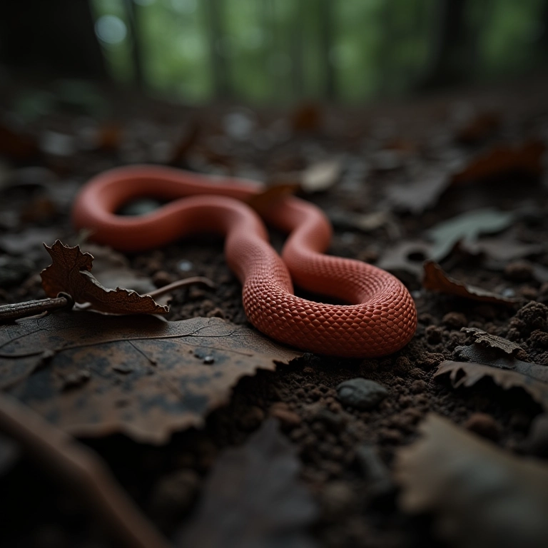 Cobra coral morta no chão da floresta, simbolismo de fim.