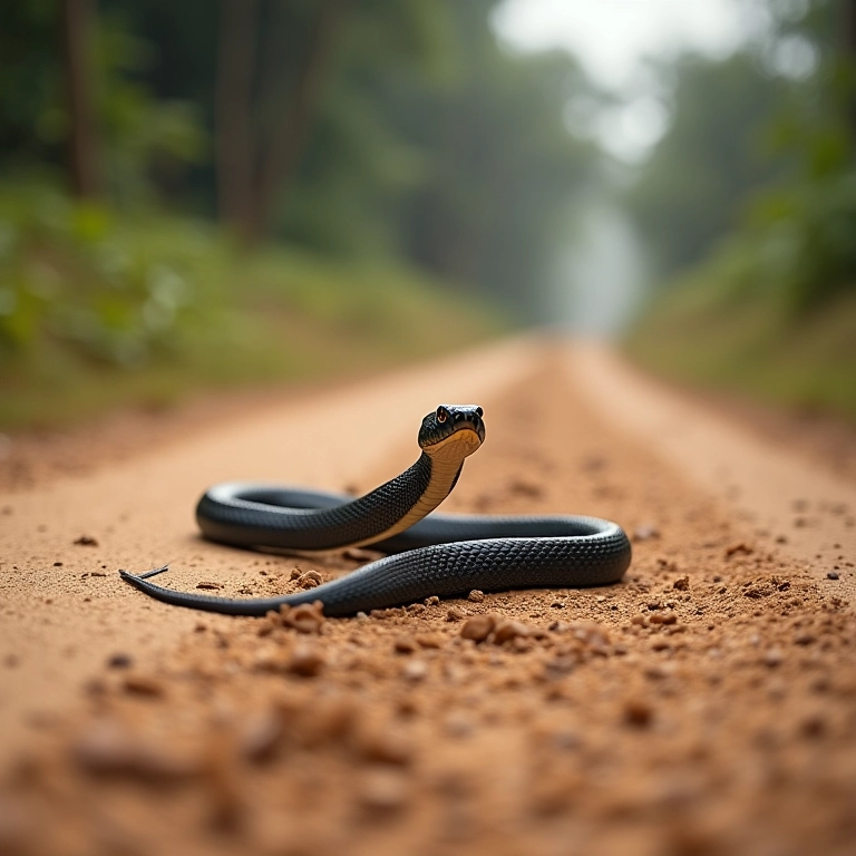 Cobra preta rastejando rapidamente em estrada de terra, sinal de perigo.