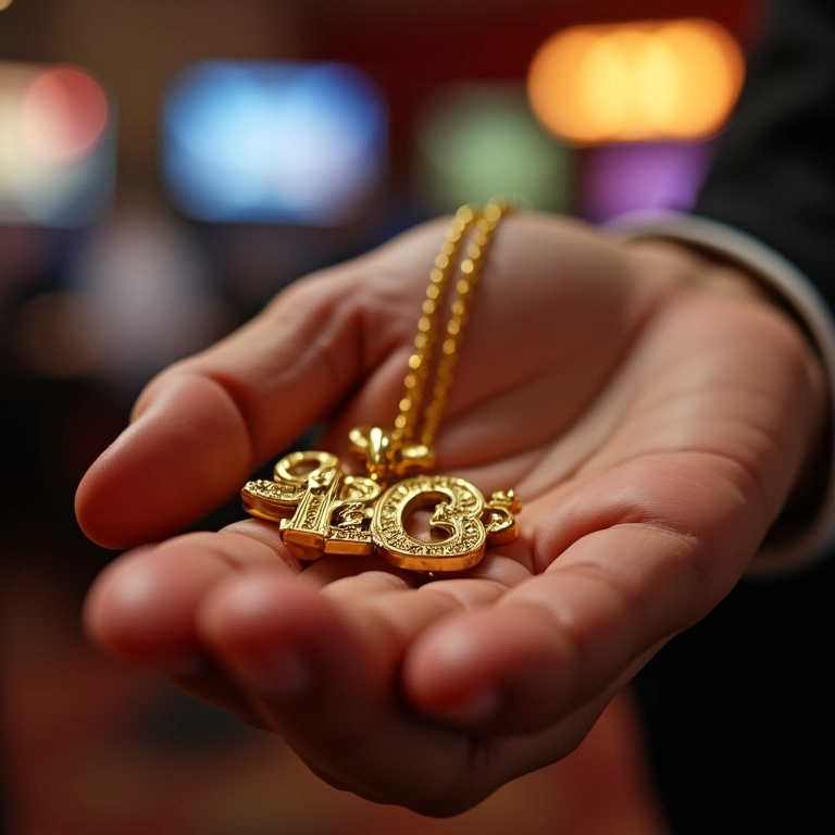 Colar de ouro com pingente de números da sorte em destaque.