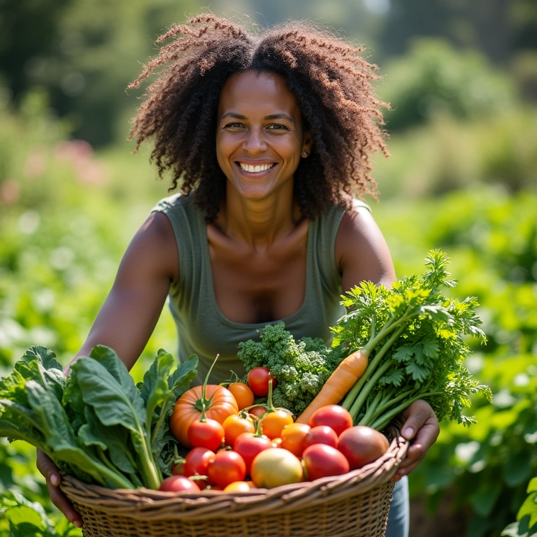 Colheita abundante em horta, representando recompensas e resultados positivos.