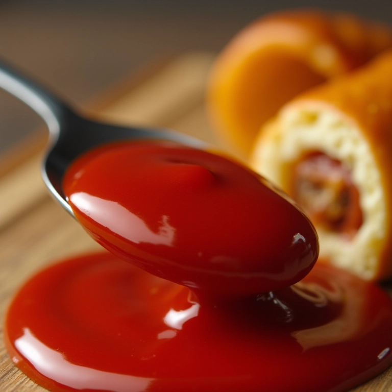 Colher cheia de ketchup excessivamente doce, representando sonho com algo enjoativo.