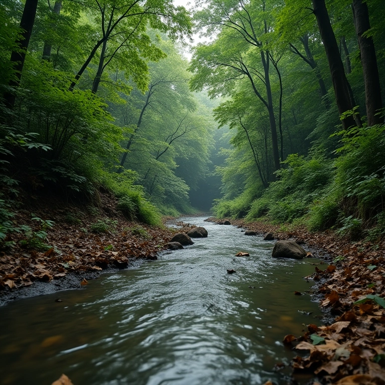 Córrego de água suja fluindo por floresta densa, representando desafios.