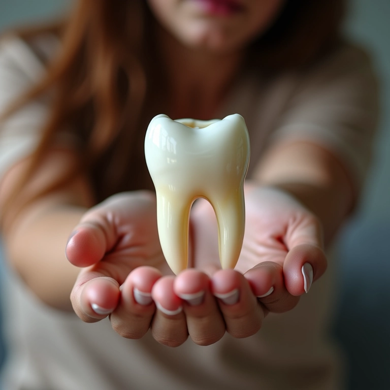 Dente podre caindo na mão de uma mulher.