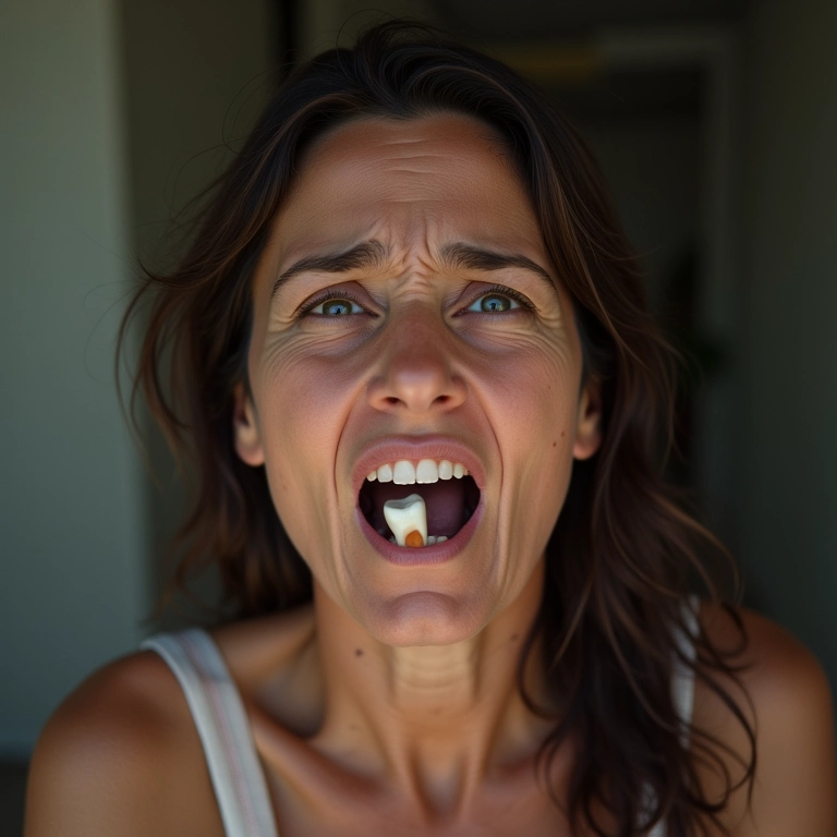Dente quebrando e caindo da boca de uma mulher, expressando o sonho e seu significado.
