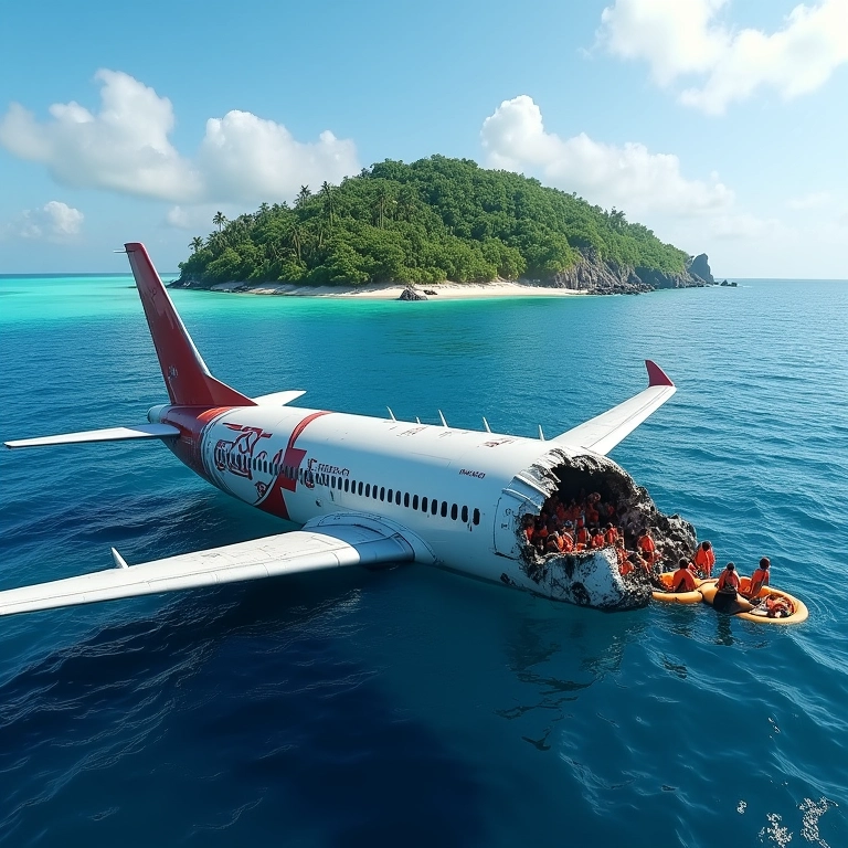 Destroços de avião flutuando no oceano, sobreviventes se agarrando.