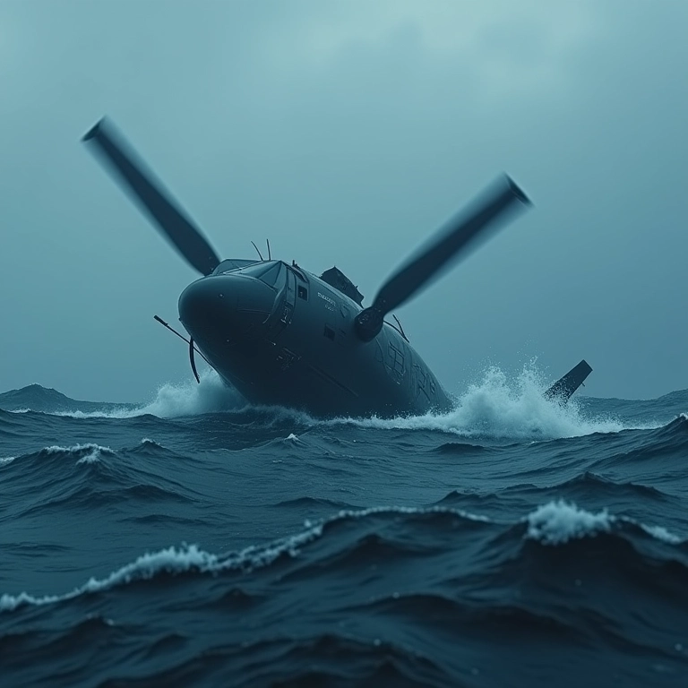 Destroços de helicóptero afundando no oceano.