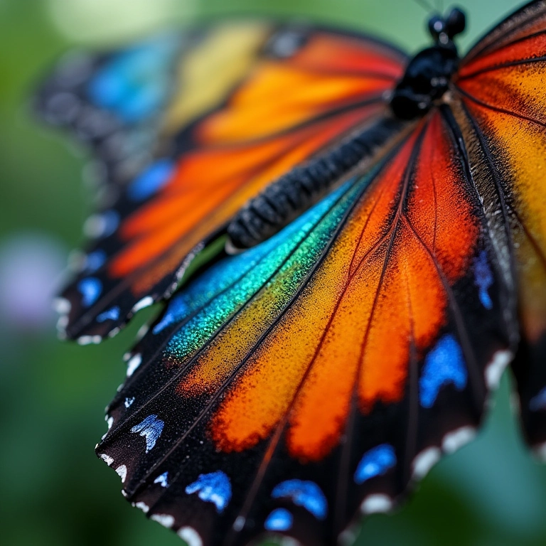 Detalhe das asas vibrantes de uma borboleta colorida.