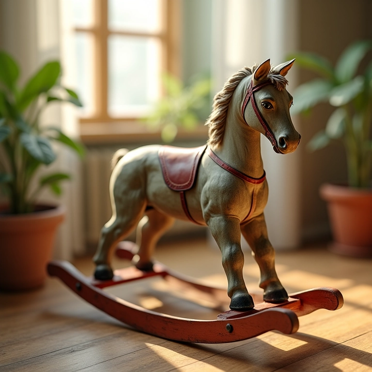 Detalhe de um cavalo de balanço antigo, simbolizando sonhos com brinquedos antigos.
