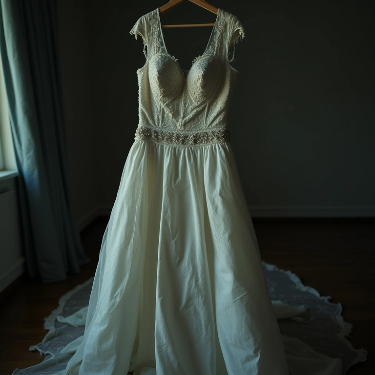Detalhe de um vestido de noiva sujo e rasgado, simbolizando tristeza e desilusão.