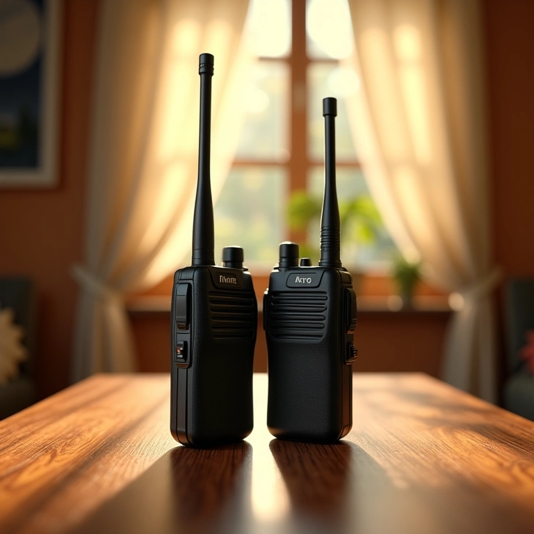 Dois walkie-talkies lado a lado em mesa de madeira em casa brasileira aconchegante.