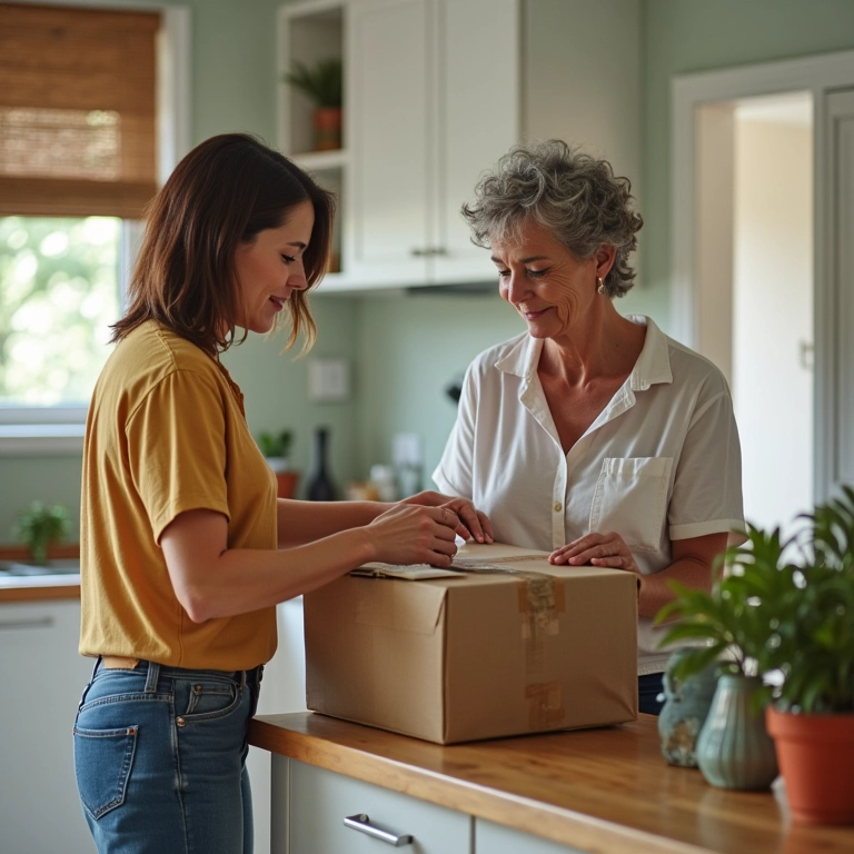Duas amigas desempacotando caixas em uma cozinha nova.
