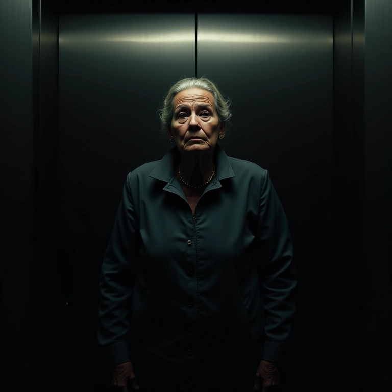 Elevador descendo, mulher preocupada, medo e insegurança.