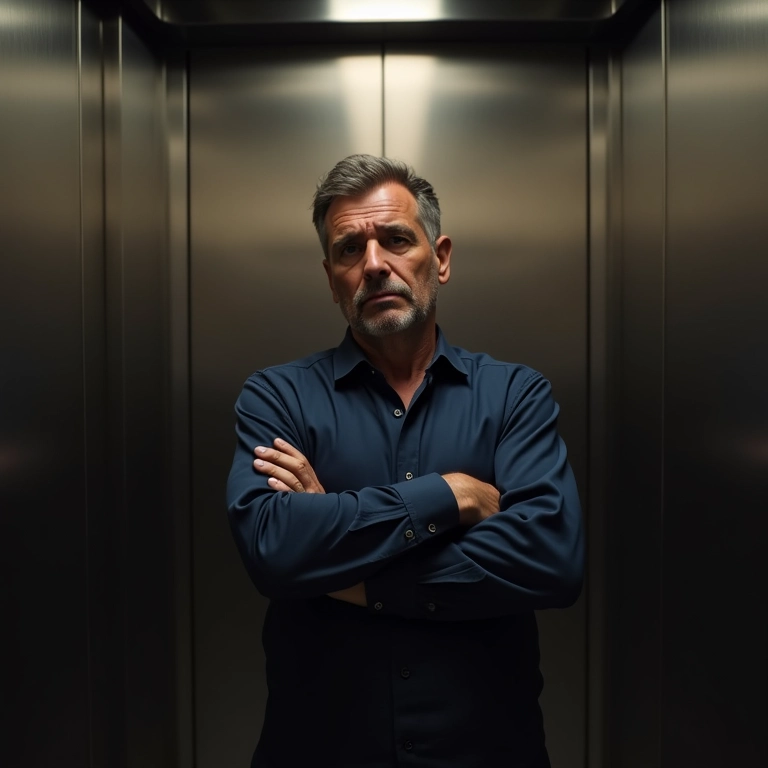 Elevador parado, homem frustrado, indecisão.