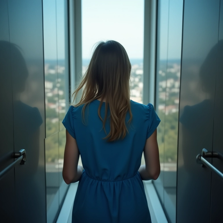 Elevador subindo rápido, mulher focada, ambição.