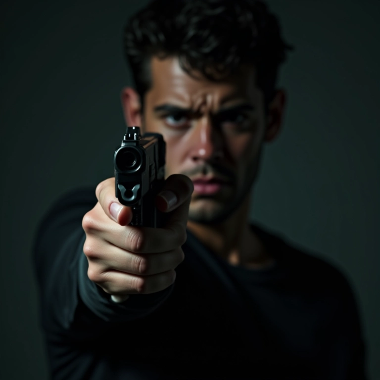 Em um sonho tenso, alguém está atirando com uma arma de fogo, o rosto demonstrando fúria.