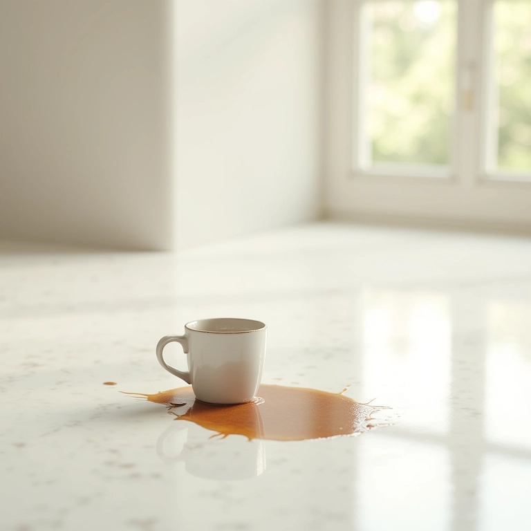 Espaço vazio onde uma xícara quebrada estava, mancha de café no chão.