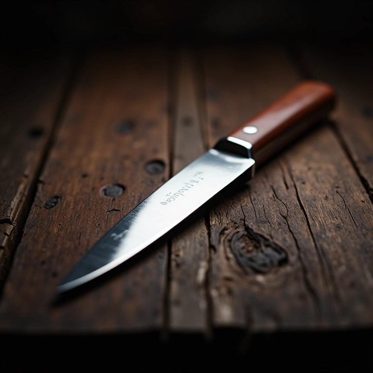 Faca afiada brilhando sobre uma mesa de madeira rústica.