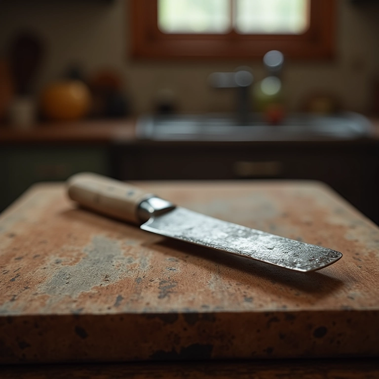 Faca cega e enferrujada em cima de uma tábua de corte.