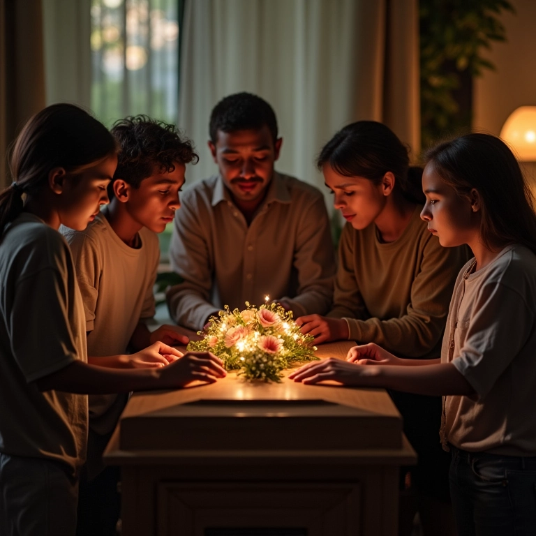 Família brasileira em luto ao redor de um caixão em ambiente doméstico.