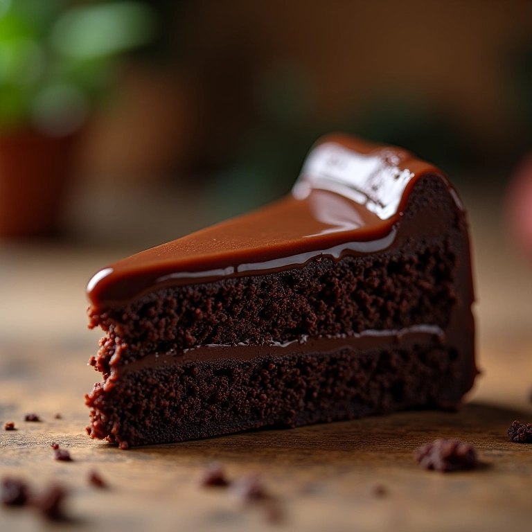 Fatia de bolo de chocolate com cobertura brilhante em mesa de madeira rústica.