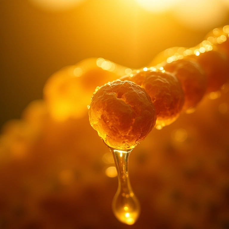 Favo de mel pingando mel dourado sob luz solar, simbolizando sonhos com abelhas.
