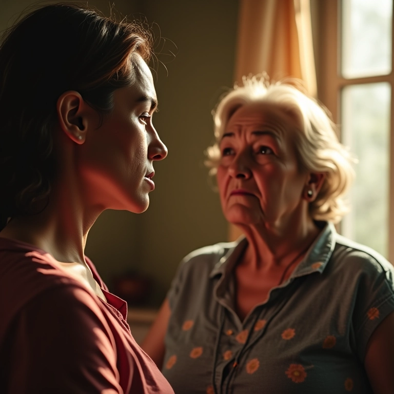 Filha preocupada observa a mãe idosa, transmitindo o medo da perda.