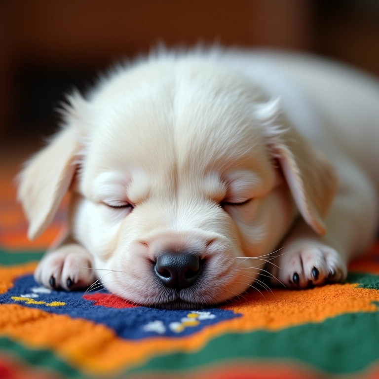 Filhote branco dormindo em tecido colorido, representando pureza e novos começos.