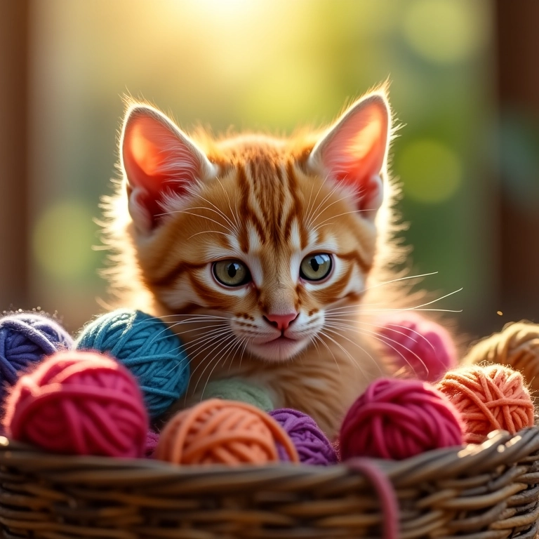 Filhote de gato laranja brincando com novelos coloridos.