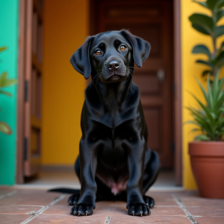 Filhote de labrador preto protegendo a entrada de casa, simbolizando proteção e mistério.