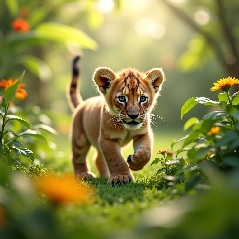 Filhote de leão em jardim brasileiro, simbolizando novos começos e oportunidades.