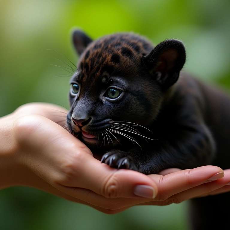 Filhote de onça preta interagindo com mulher em sonho.