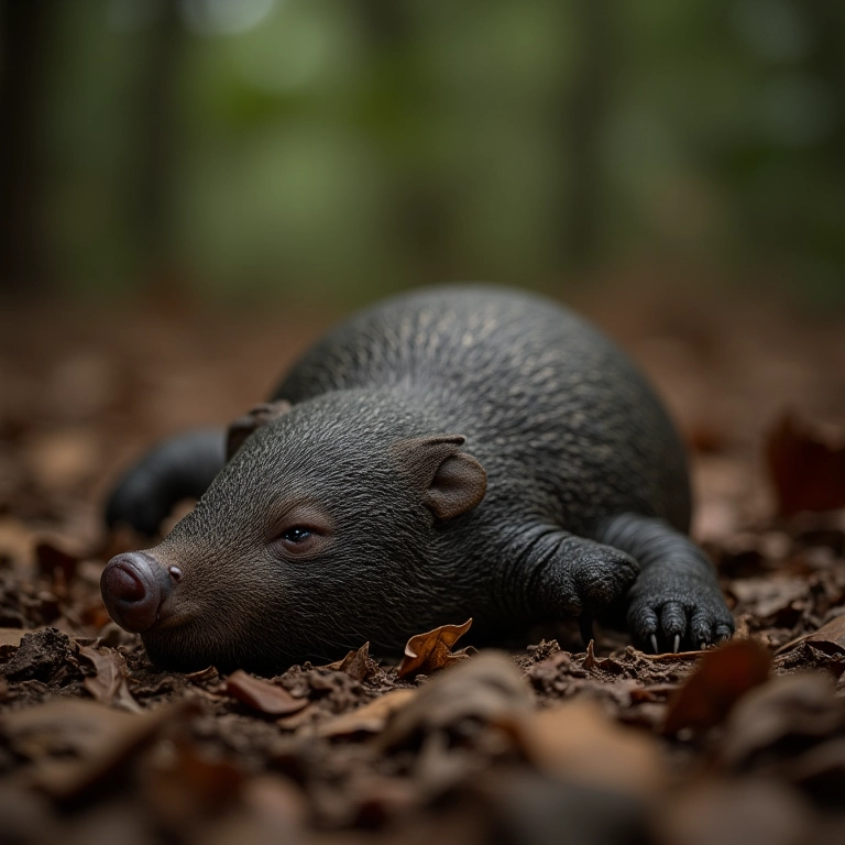 Filhote de tatu morto caído sobre folhas secas na floresta.